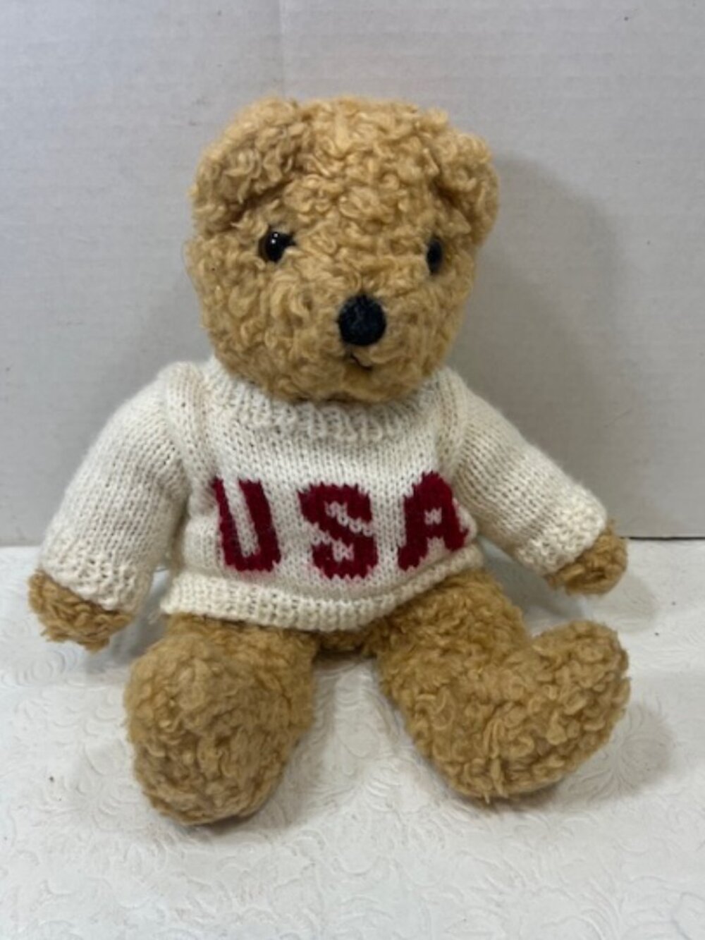 VTG 1992 TY Beanie Baby Curly Brown Plush Teddy Bear USA Knitted Sweater 10" Toy